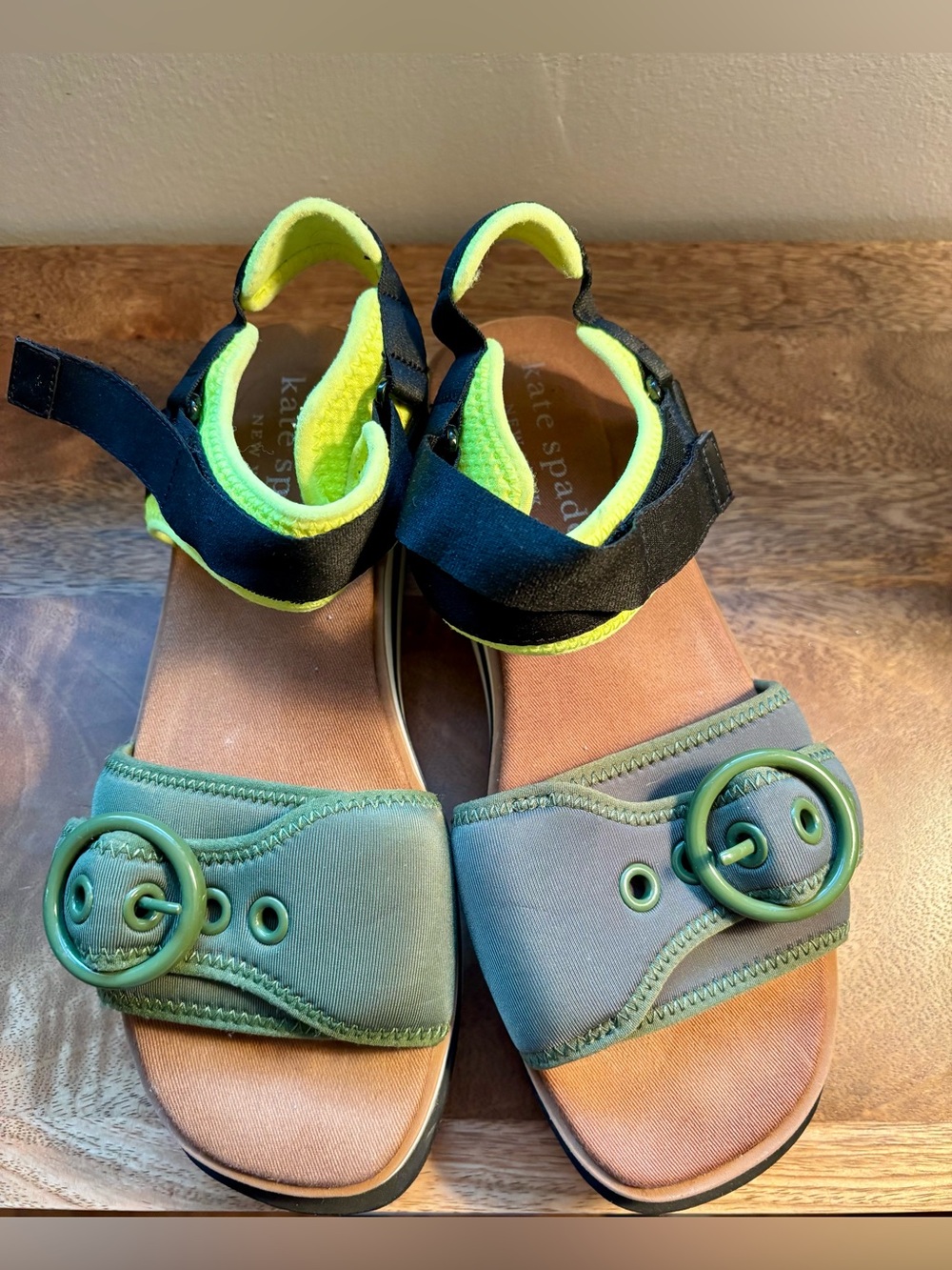 kate spade Olive Green and Black Sandals with Neon Yellow Accent